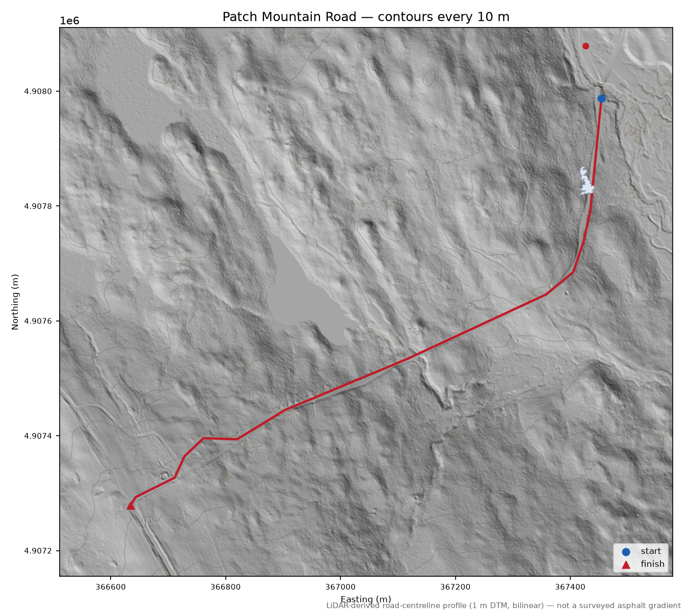 Patch Mountain Road LiDAR hillshade map with contours