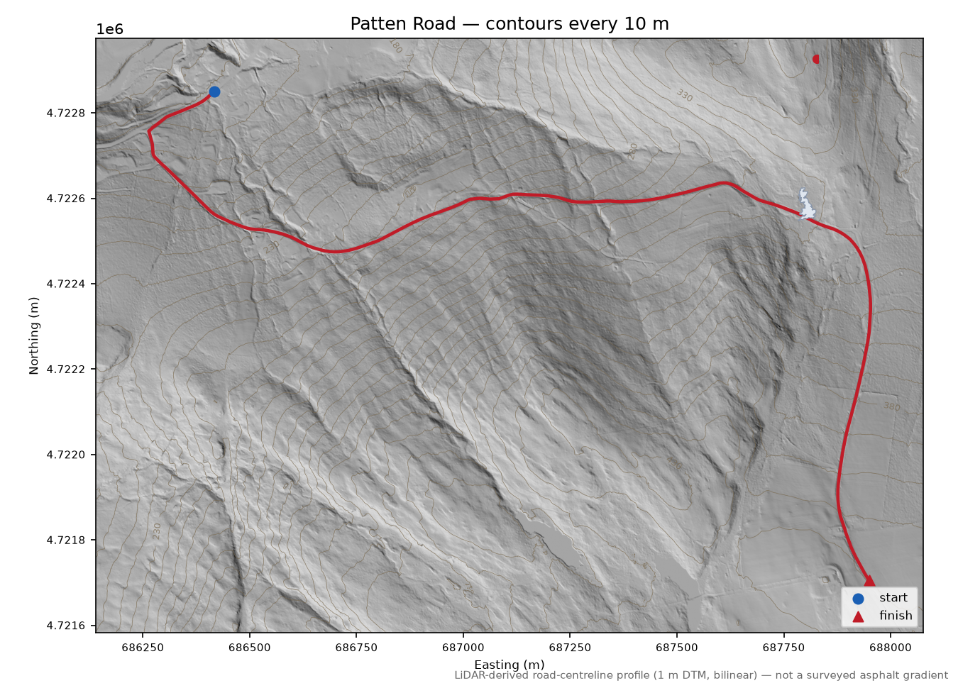 Patten Road LiDAR hillshade map with contours