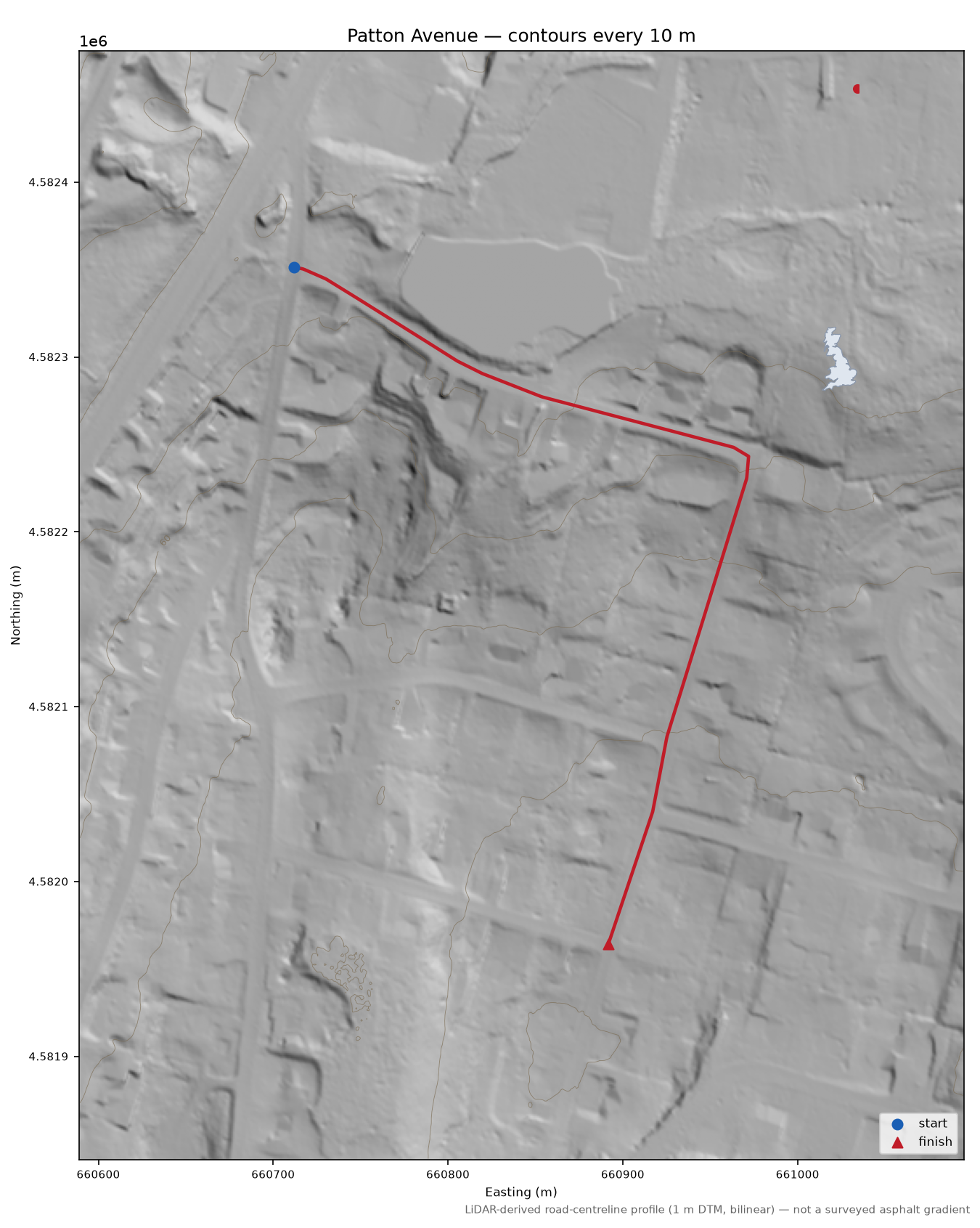 Patton Avenue LiDAR hillshade map with contours