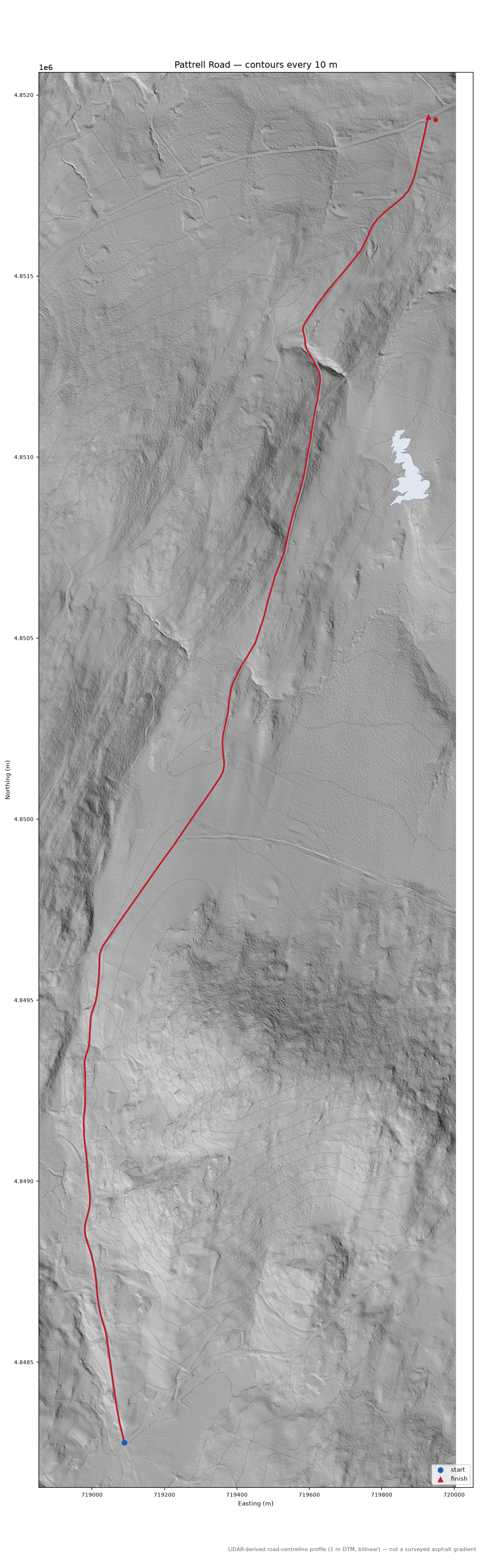 Pattrell Road LiDAR hillshade map with contours