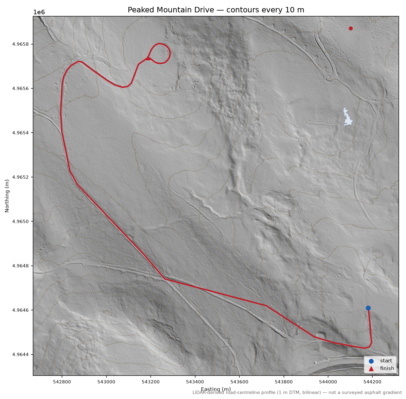 Peaked Mountain Drive LiDAR hillshade map with contours