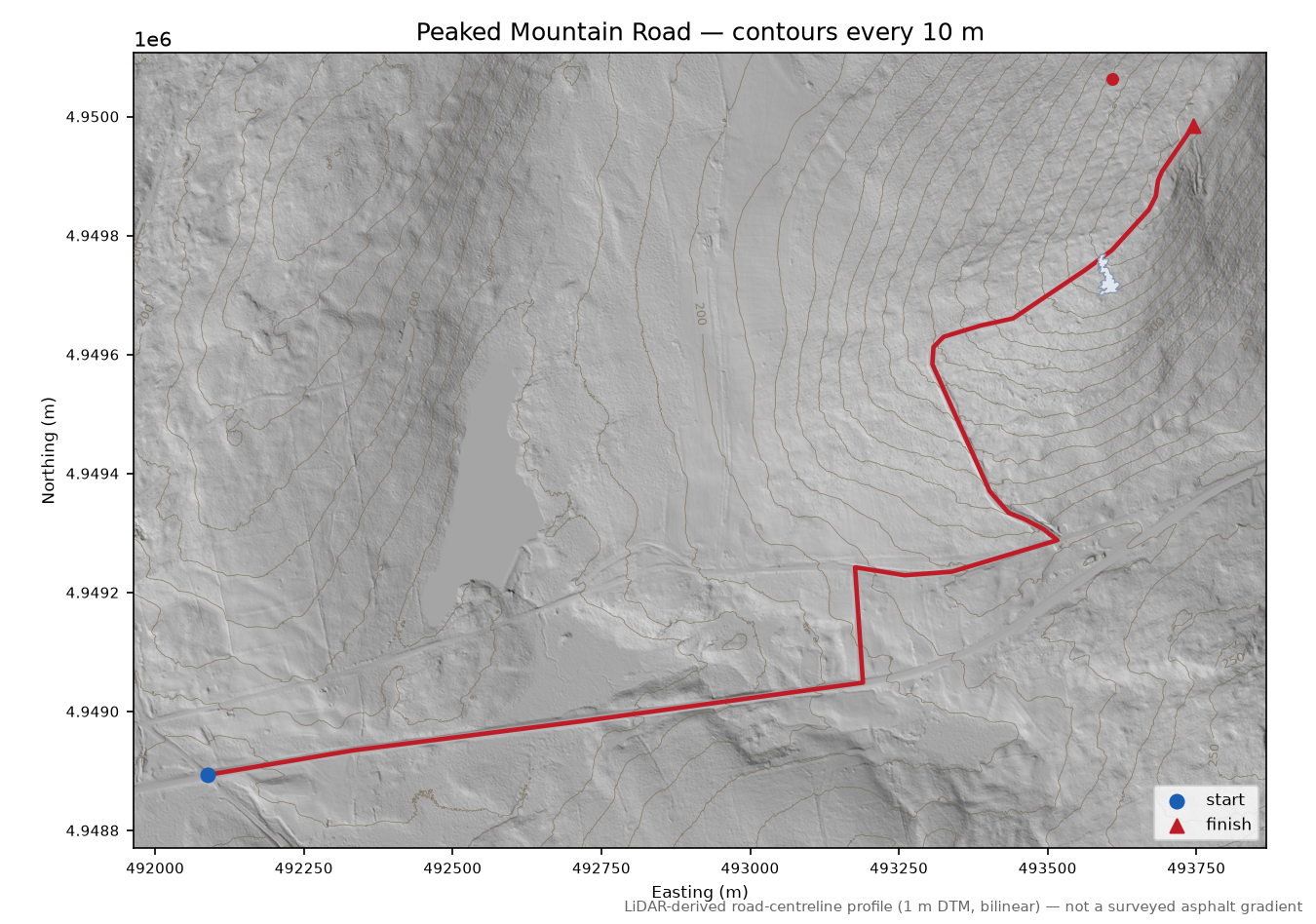 Peaked Mountain Road LiDAR hillshade map with contours