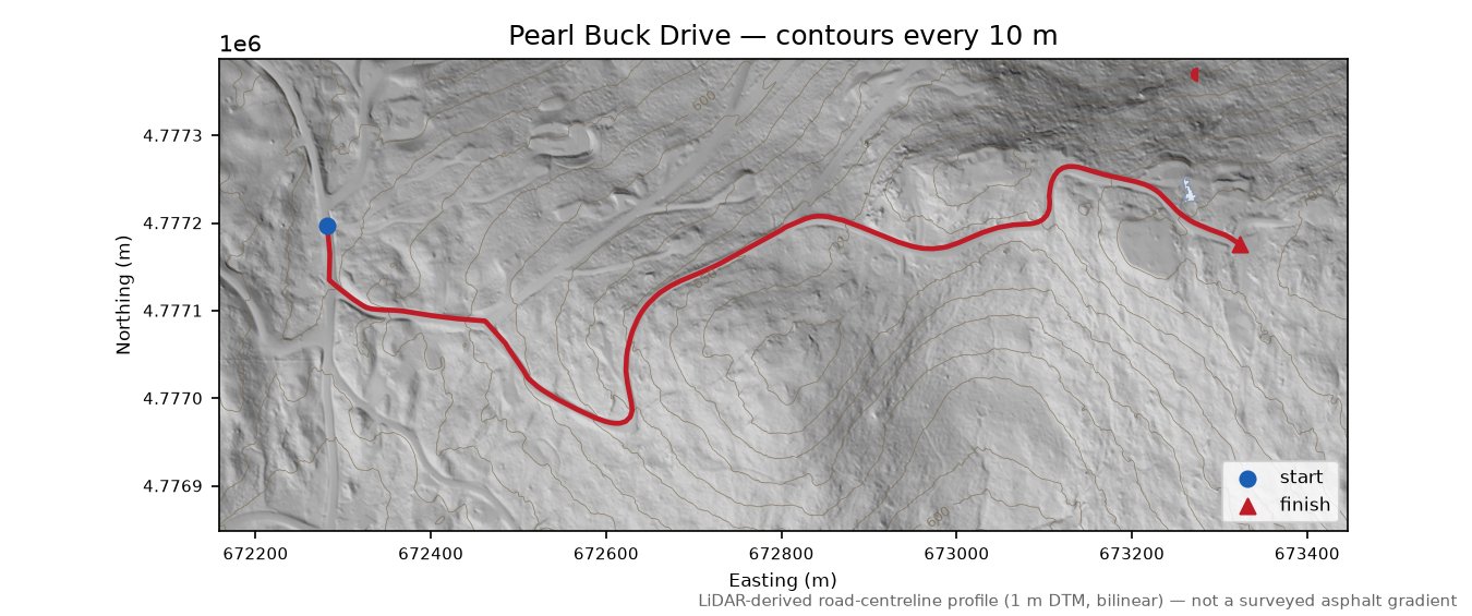 Pearl Buck Drive LiDAR hillshade map with contours