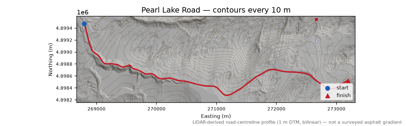 Pearl Lake Road LiDAR hillshade map with contours
