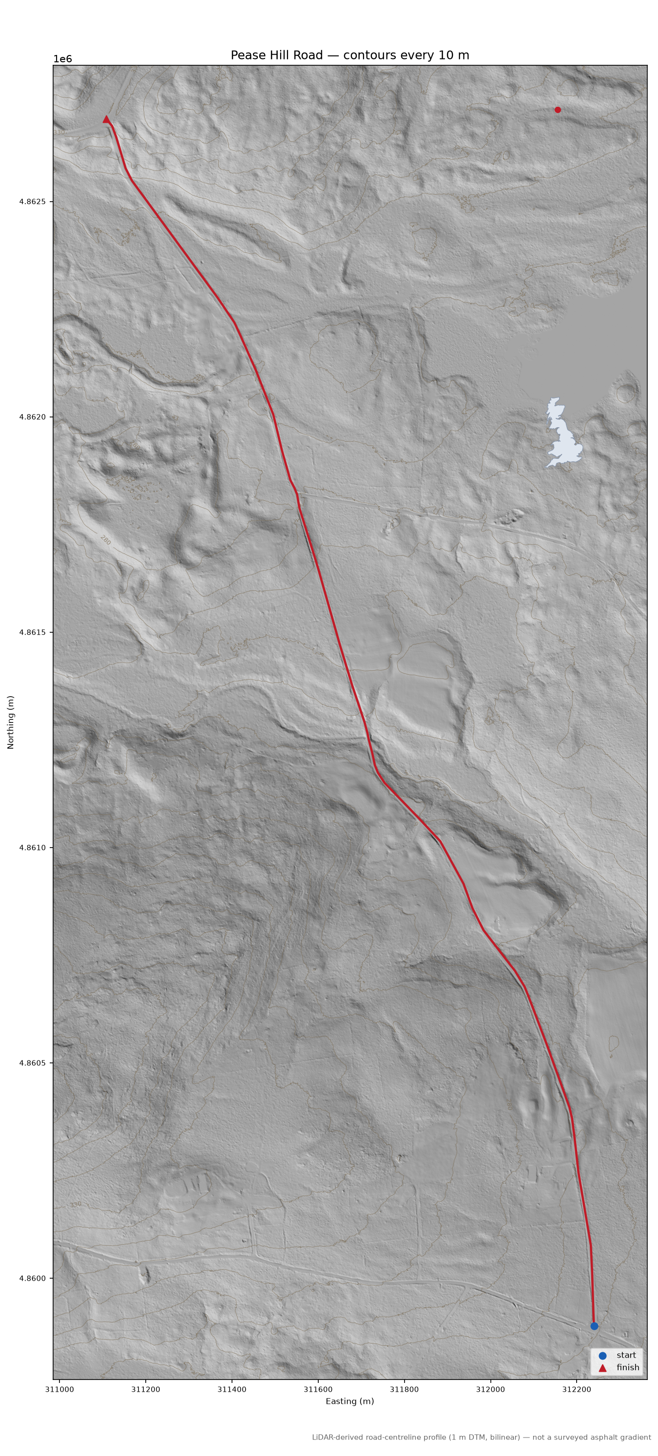 Pease Hill Road LiDAR hillshade map with contours