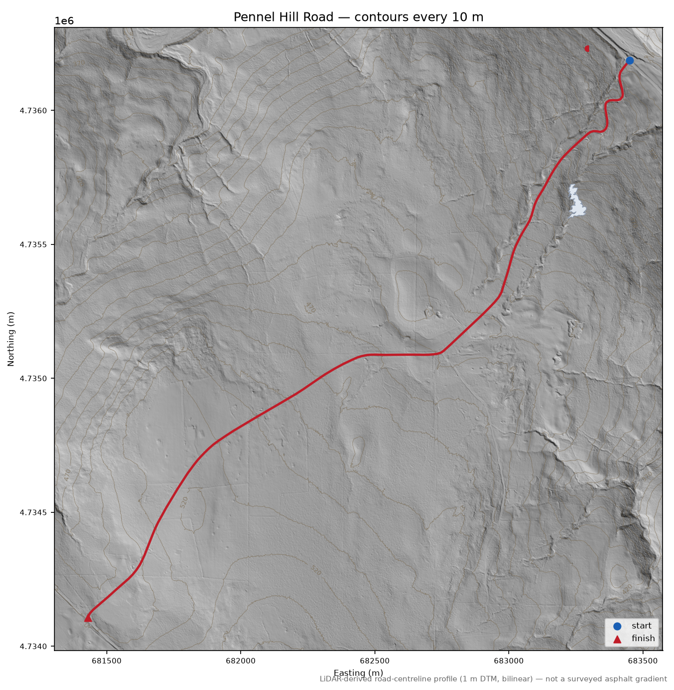 Pennel Hill Road LiDAR hillshade map with contours
