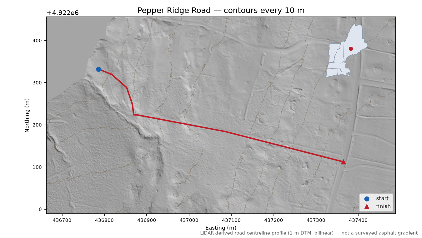 Pepper Ridge Road LiDAR hillshade map with contours