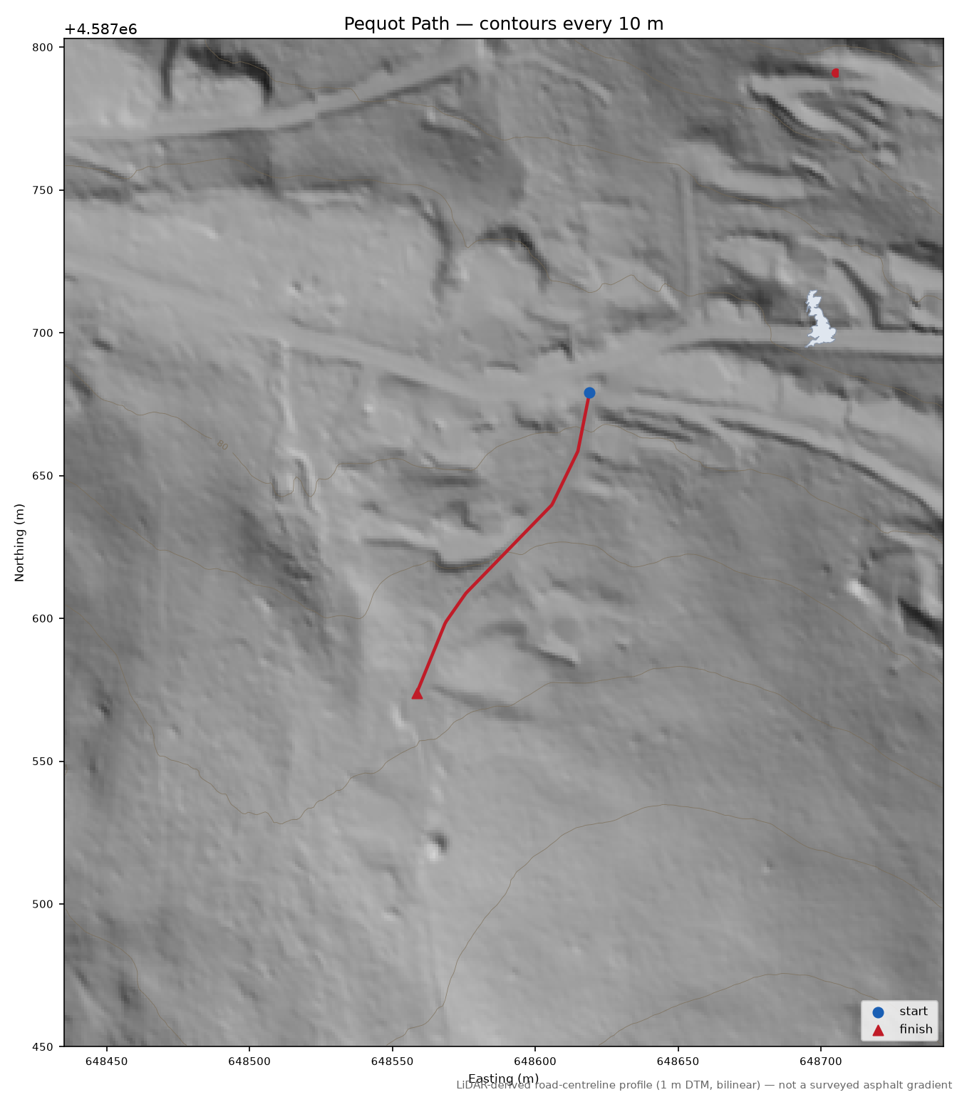 Pequot Path LiDAR hillshade map with contours
