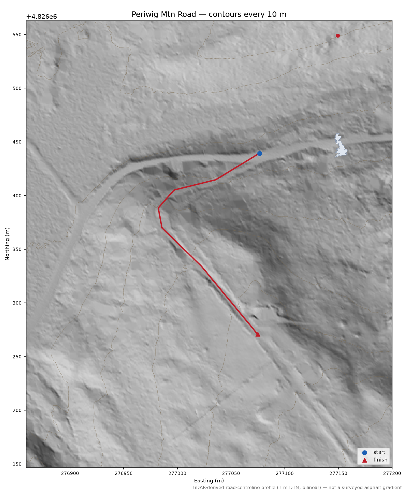 Periwig Mtn Road LiDAR hillshade map with contours