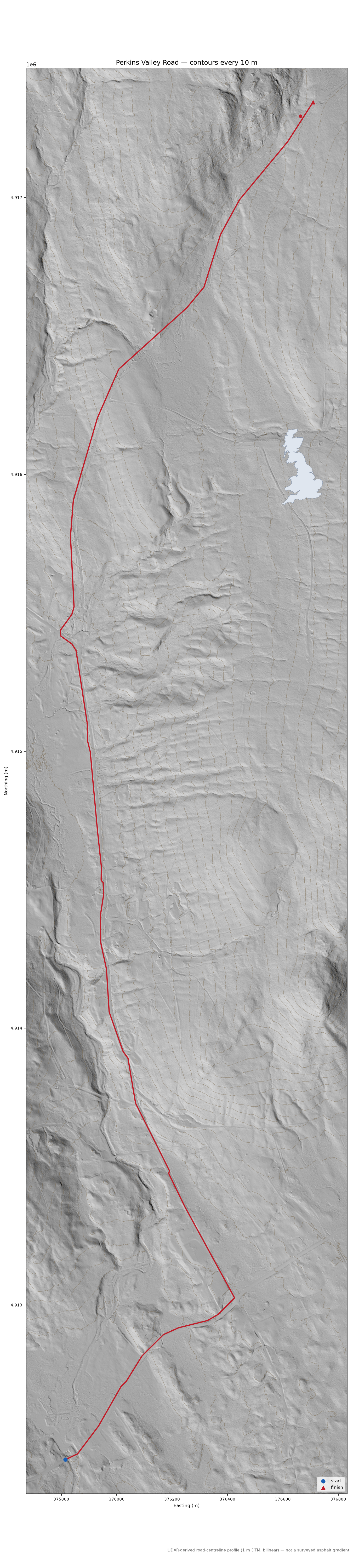 Perkins Valley Road LiDAR hillshade map with contours