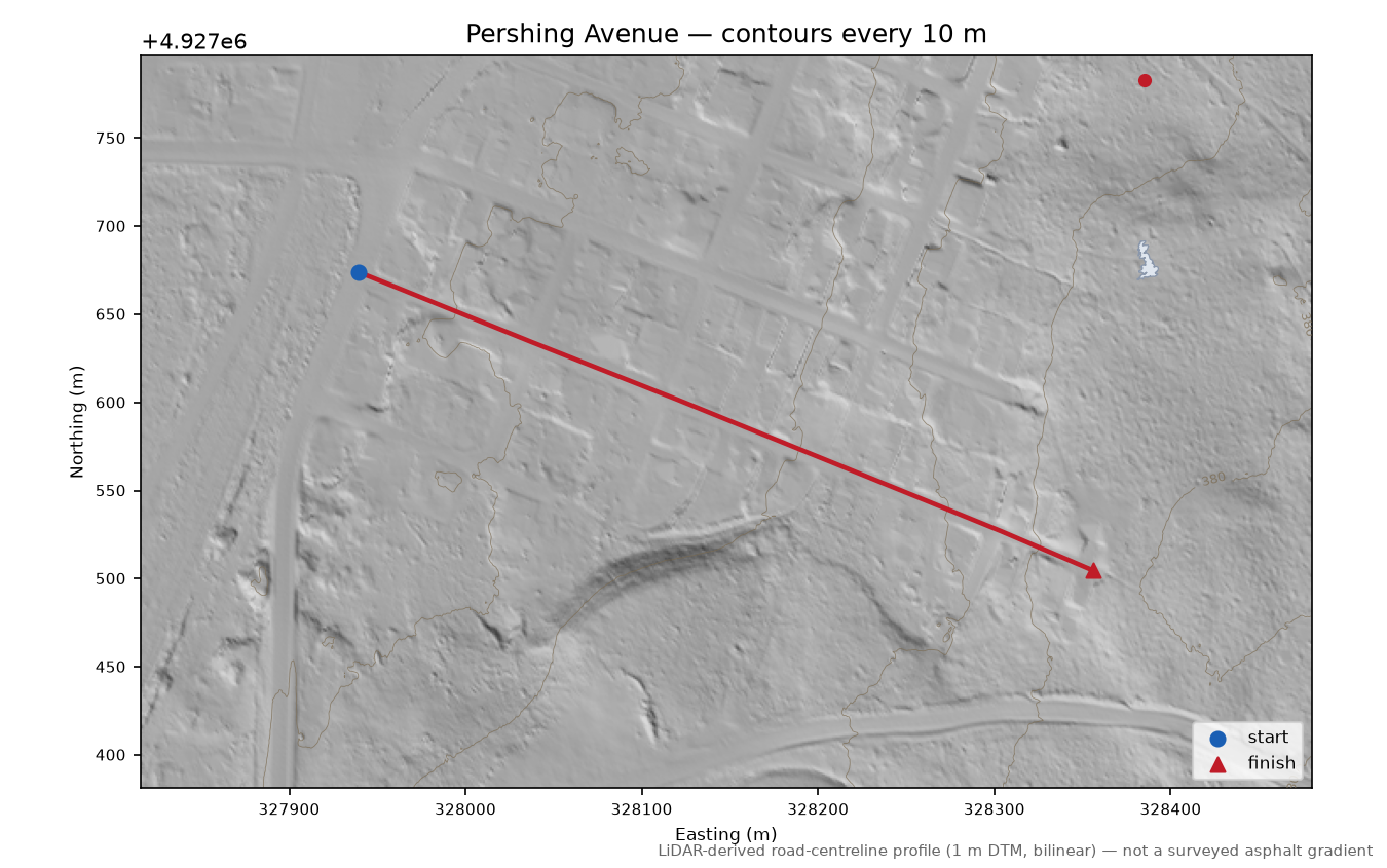 Pershing Avenue LiDAR hillshade map with contours