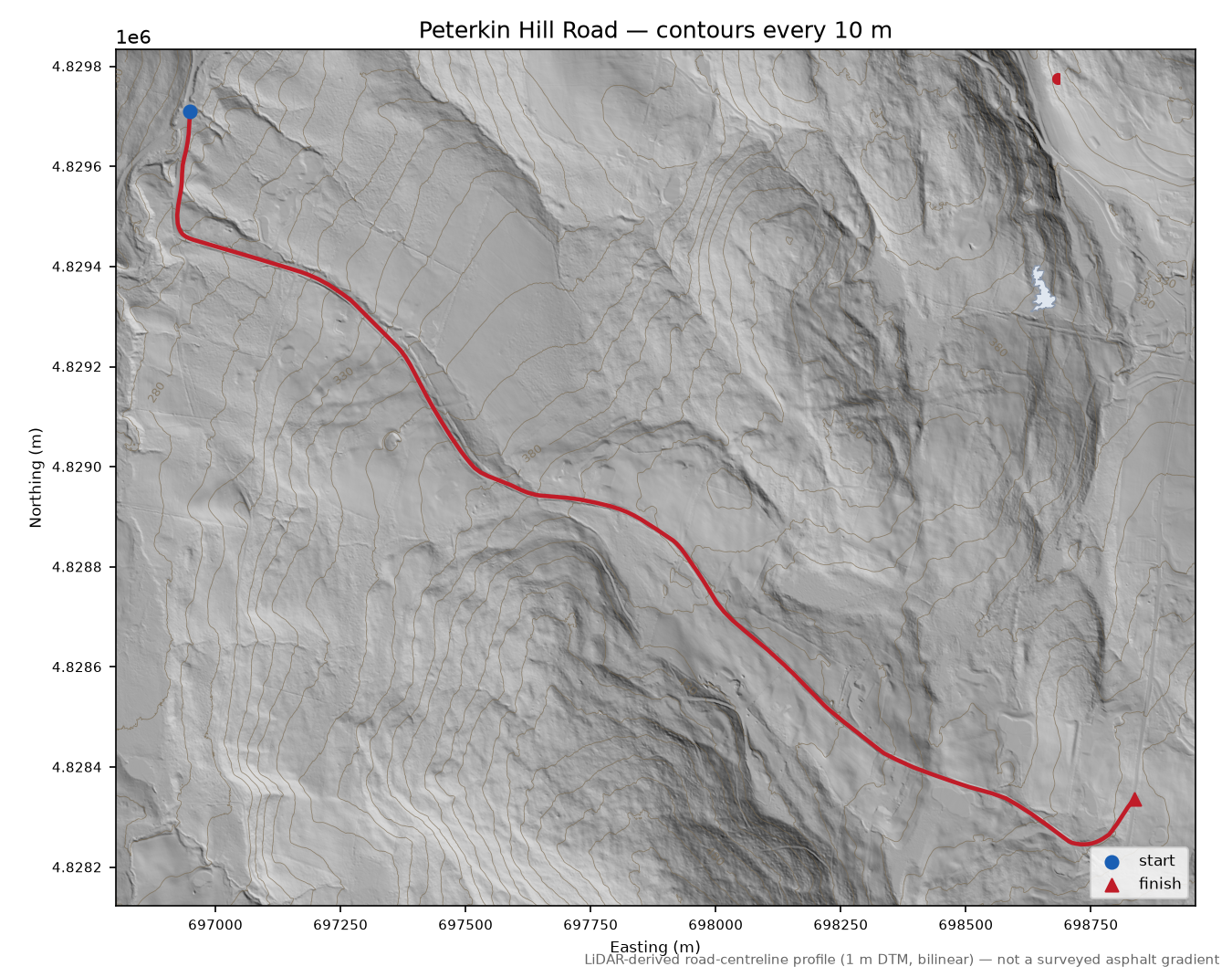 Peterkin Hill Road LiDAR hillshade map with contours