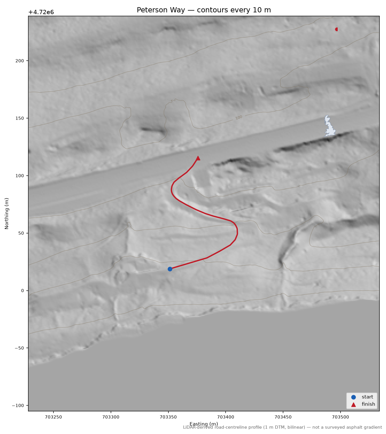 Peterson Way LiDAR hillshade map with contours