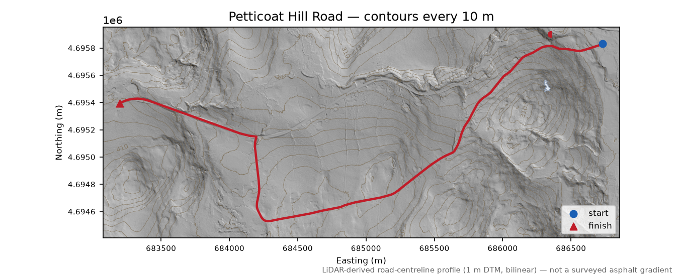 Petticoat Hill Road LiDAR hillshade map with contours