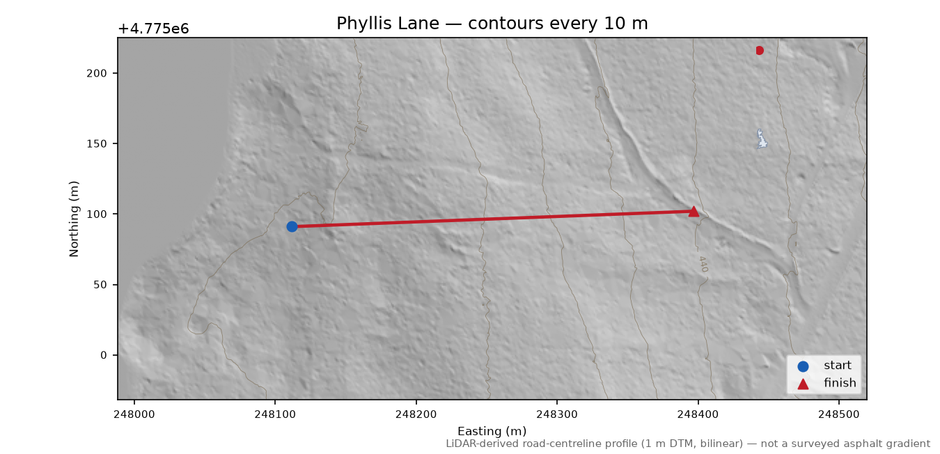 Phyllis Lane LiDAR hillshade map with contours