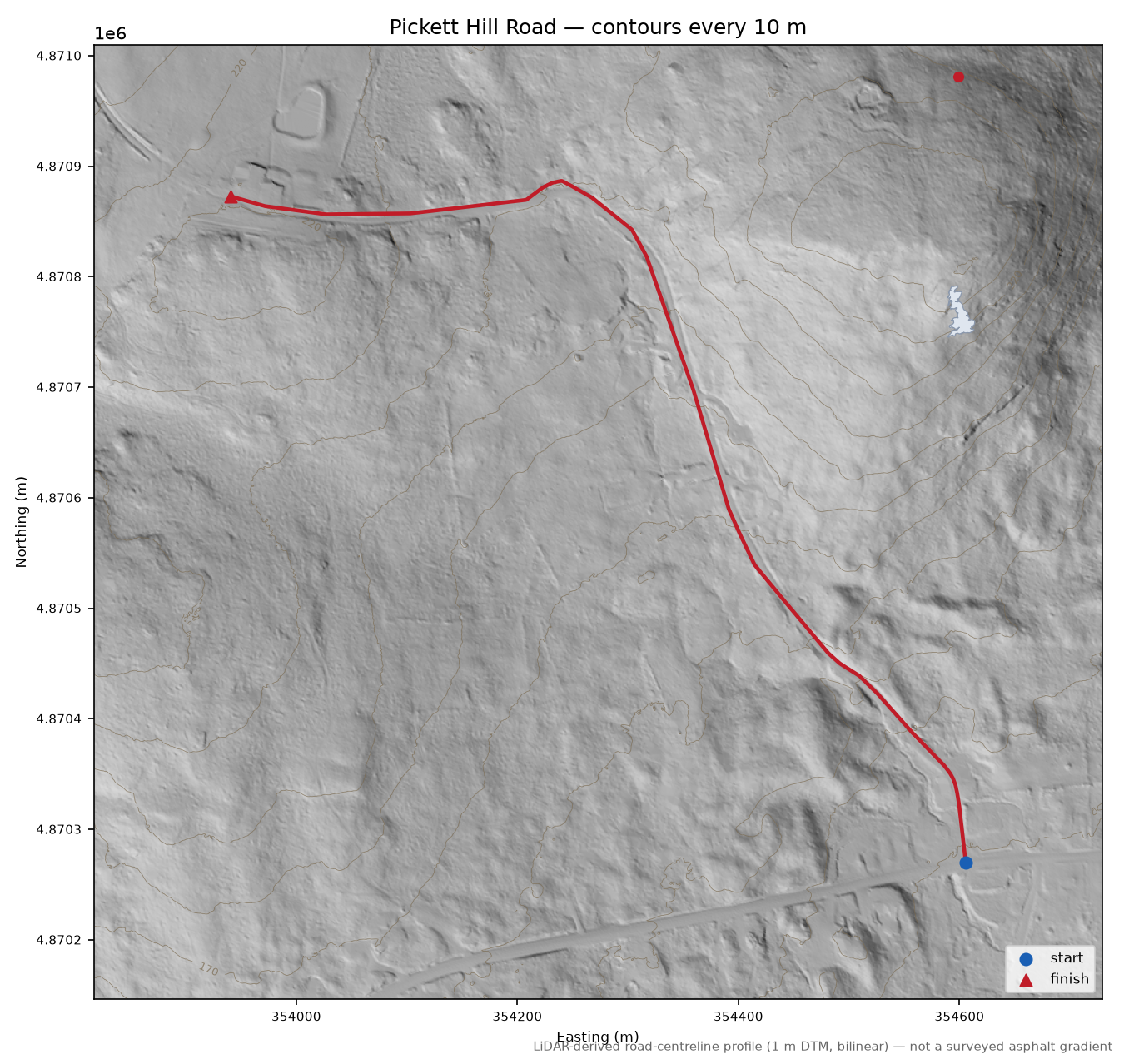 Pickett Hill Road LiDAR hillshade map with contours