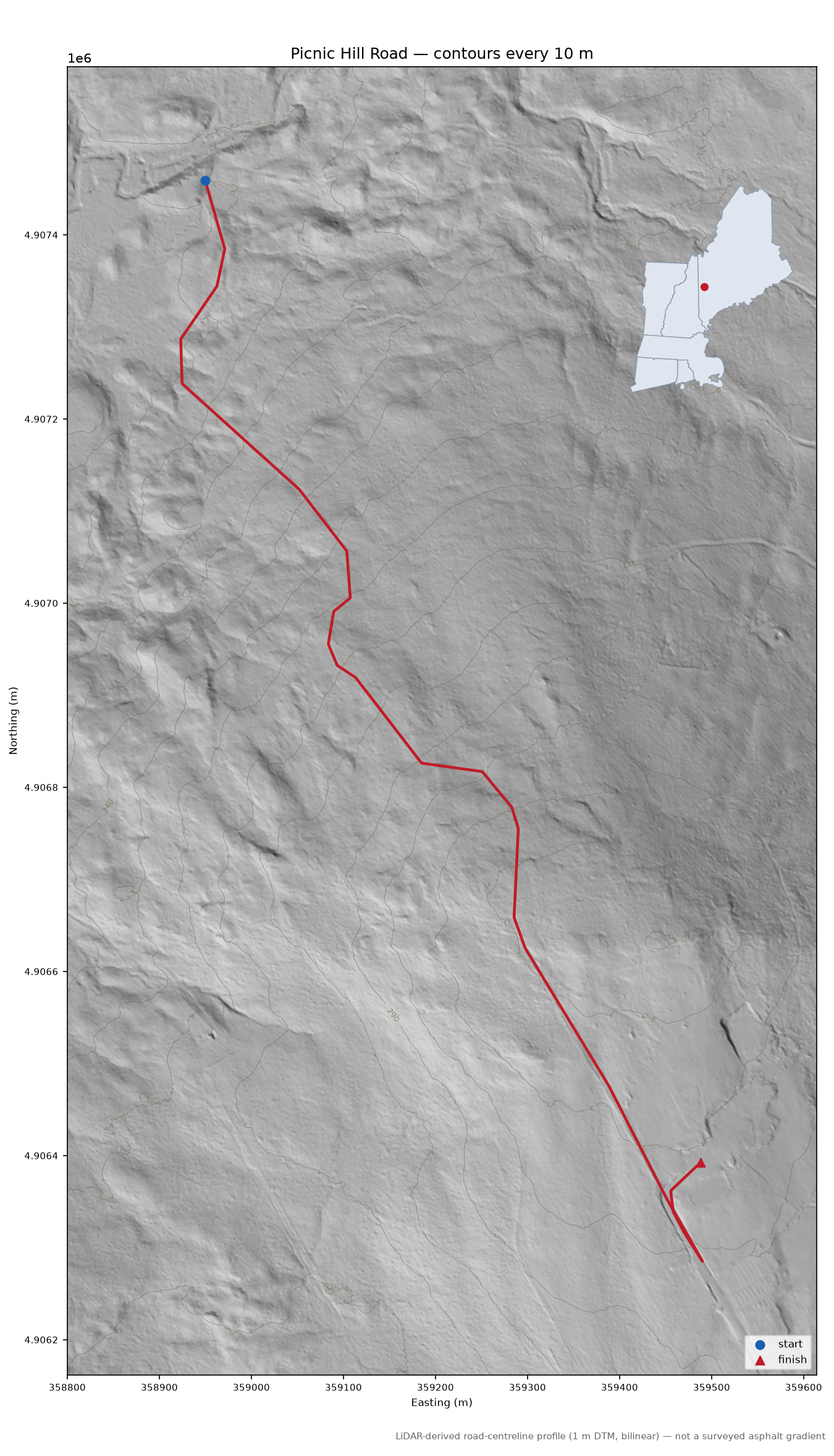 Picnic Hill Road LiDAR hillshade map with contours