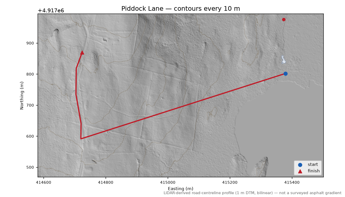 Piddock Lane LiDAR hillshade map with contours