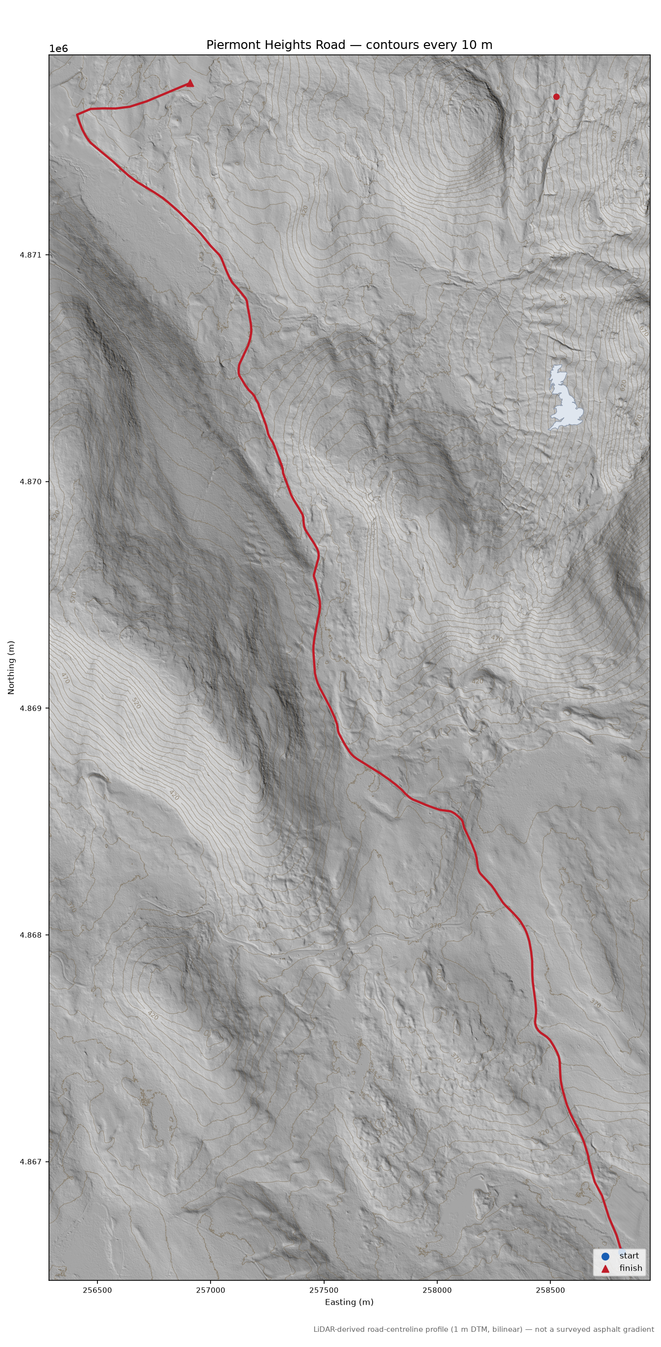 Piermont Heights Road LiDAR hillshade map with contours