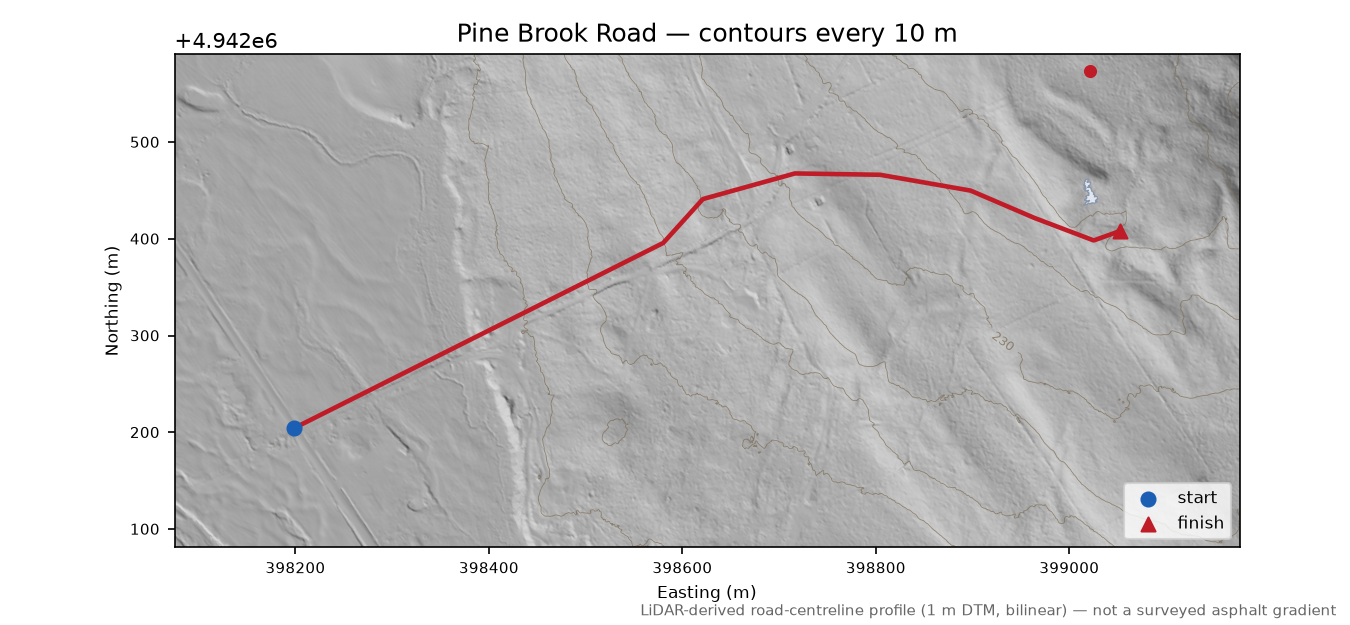 Pine Brook Road LiDAR hillshade map with contours