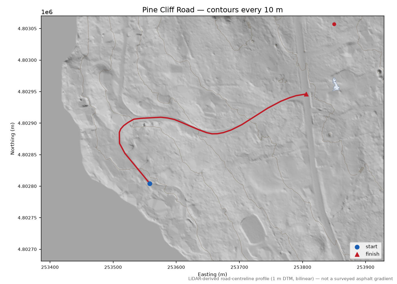 Pine Cliff Road LiDAR hillshade map with contours