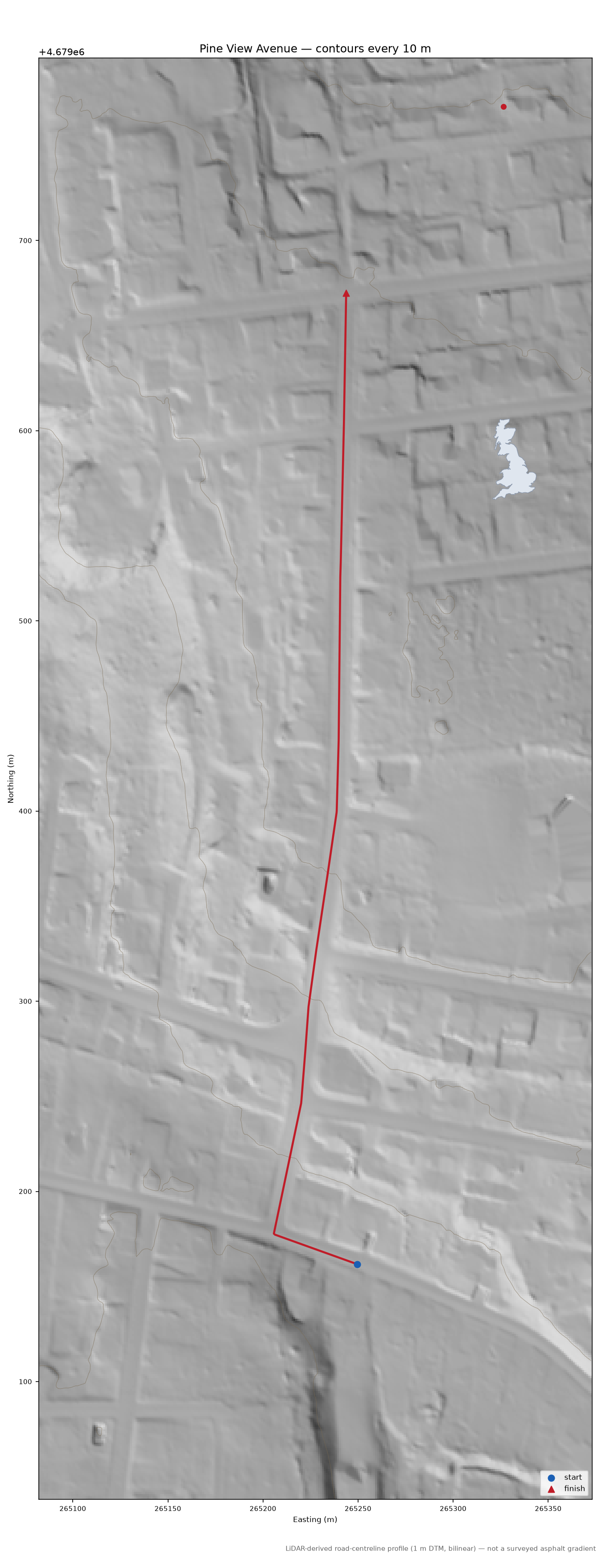 Pine View Avenue LiDAR hillshade map with contours