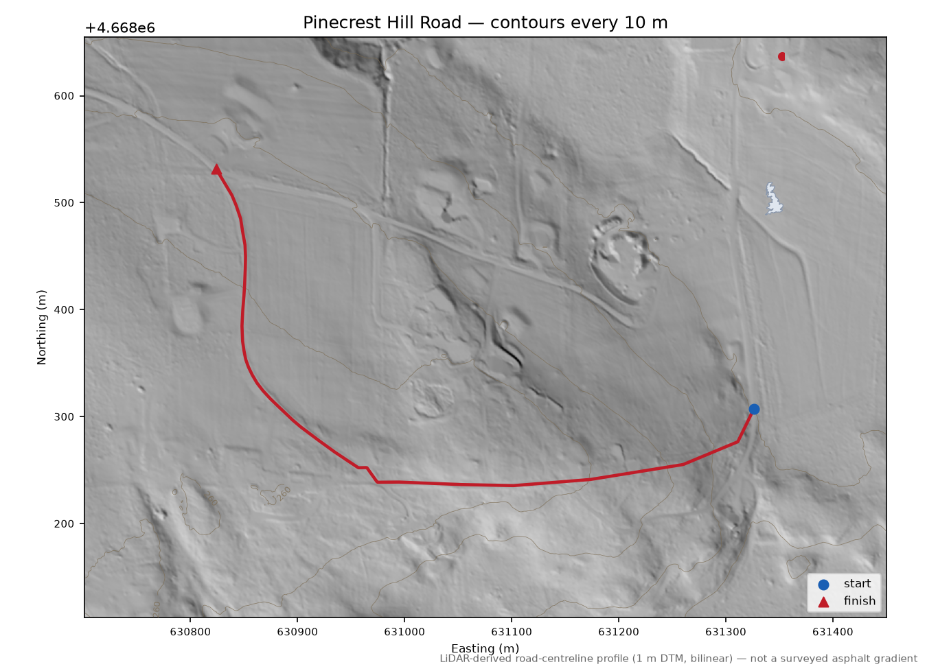 Pinecrest Hill Road LiDAR hillshade map with contours