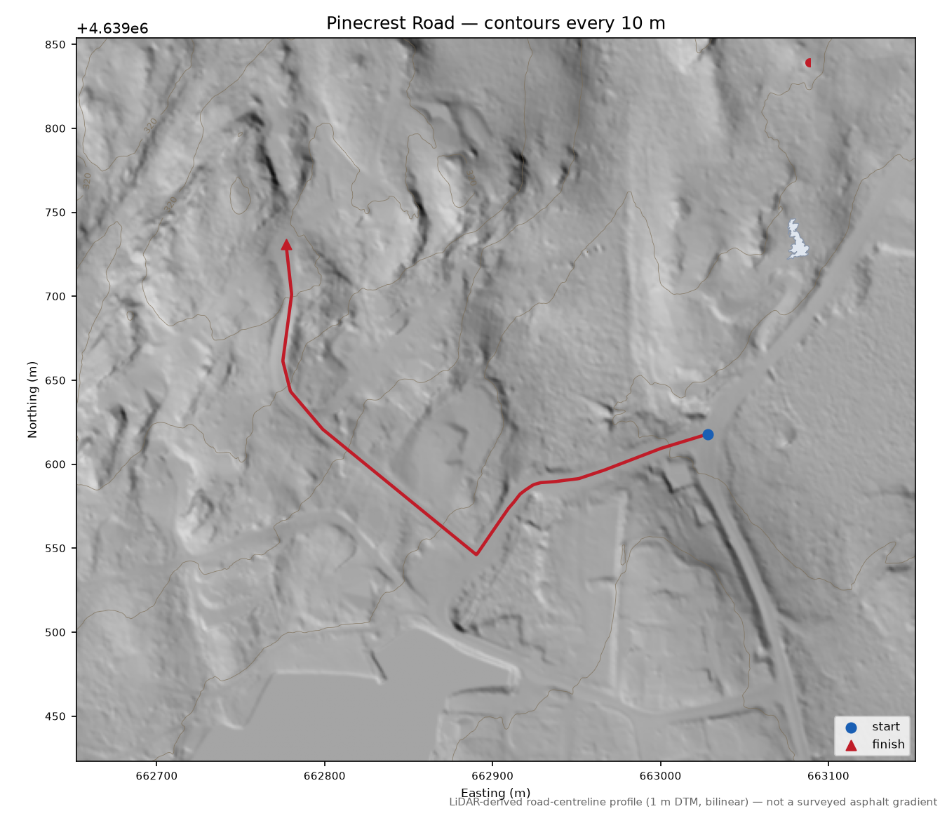Pinecrest Road LiDAR hillshade map with contours
