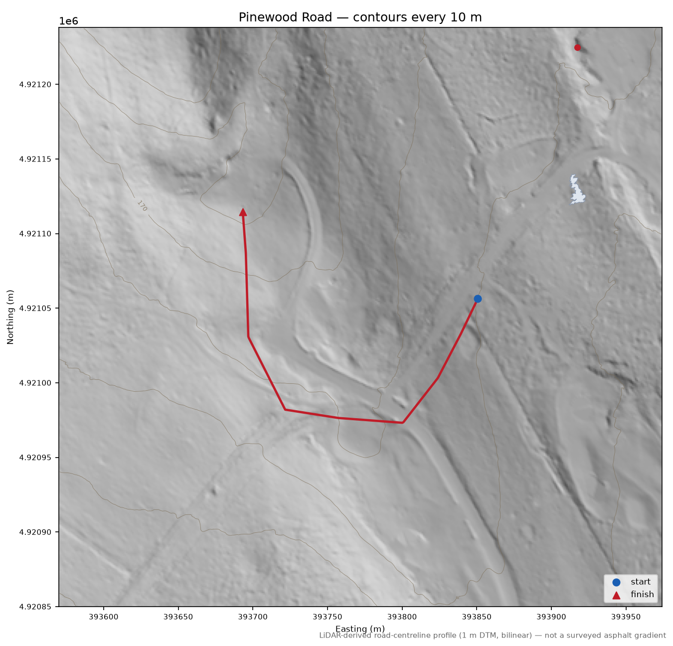 Pinewood Road LiDAR hillshade map with contours