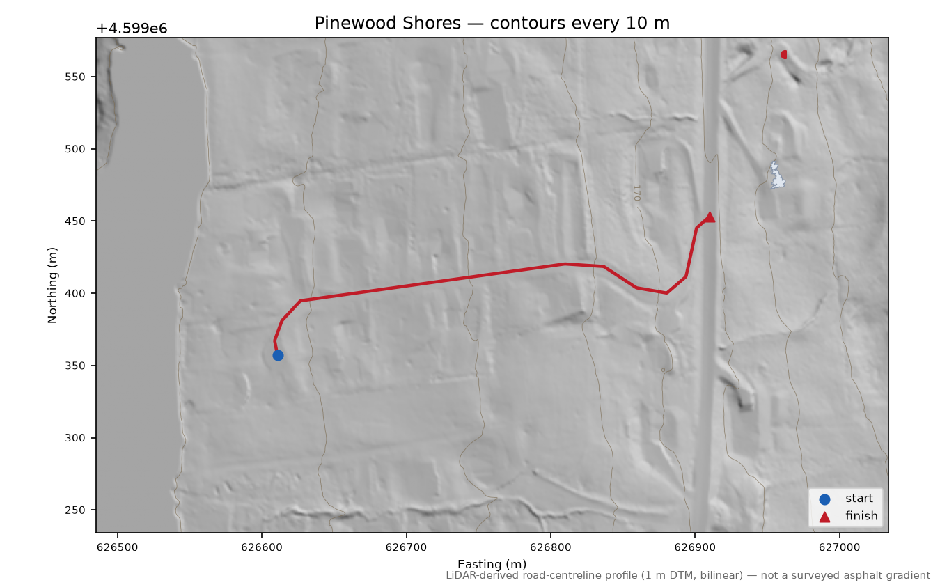 Pinewood Shores LiDAR hillshade map with contours