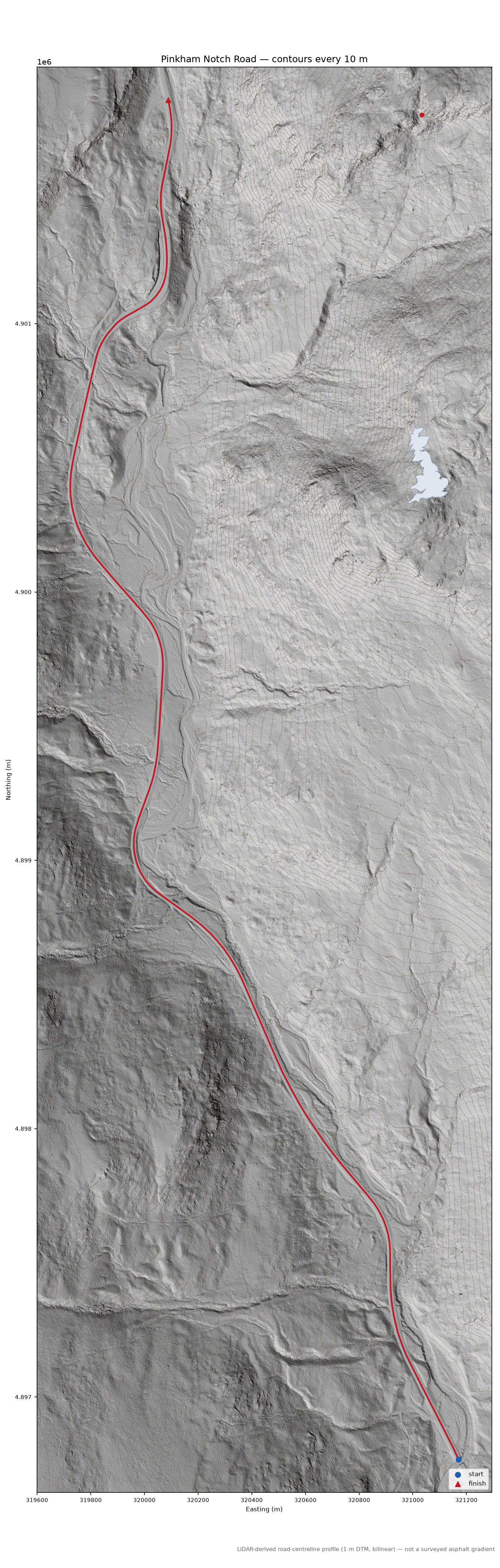 Pinkham Notch Road LiDAR hillshade map with contours