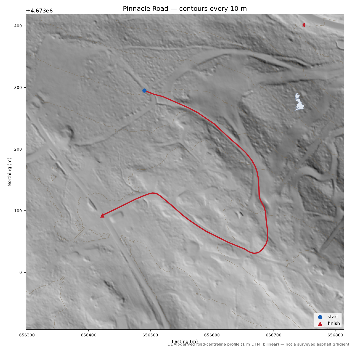 Pinnacle Road LiDAR hillshade map with contours