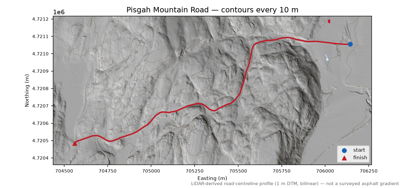 Pisgah Mountain Road LiDAR hillshade map with contours