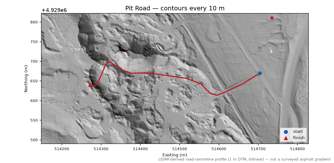 Pit Road LiDAR hillshade map with contours