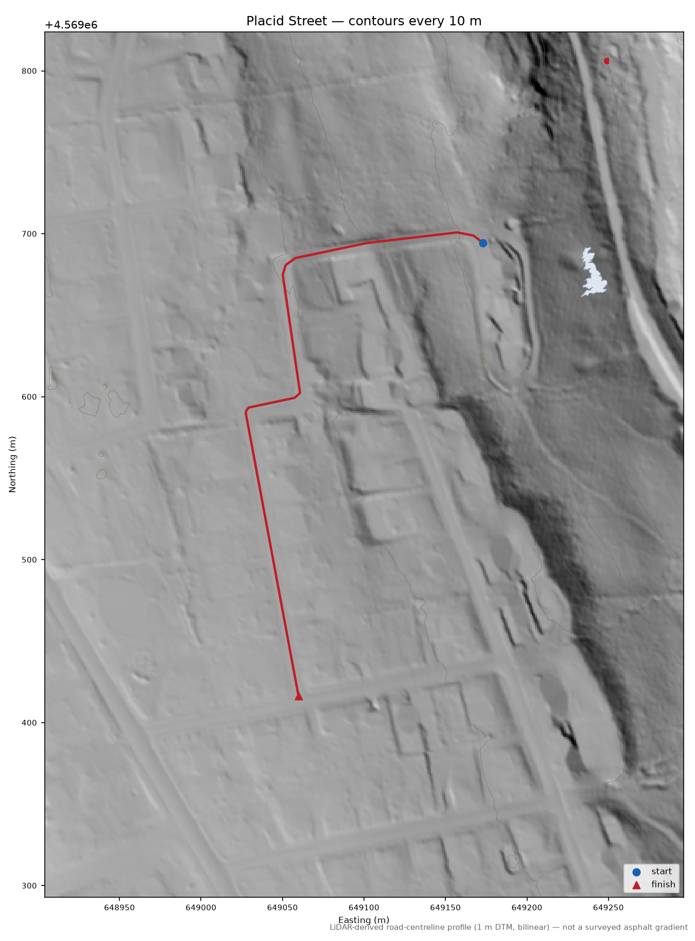 Placid Street LiDAR hillshade map with contours