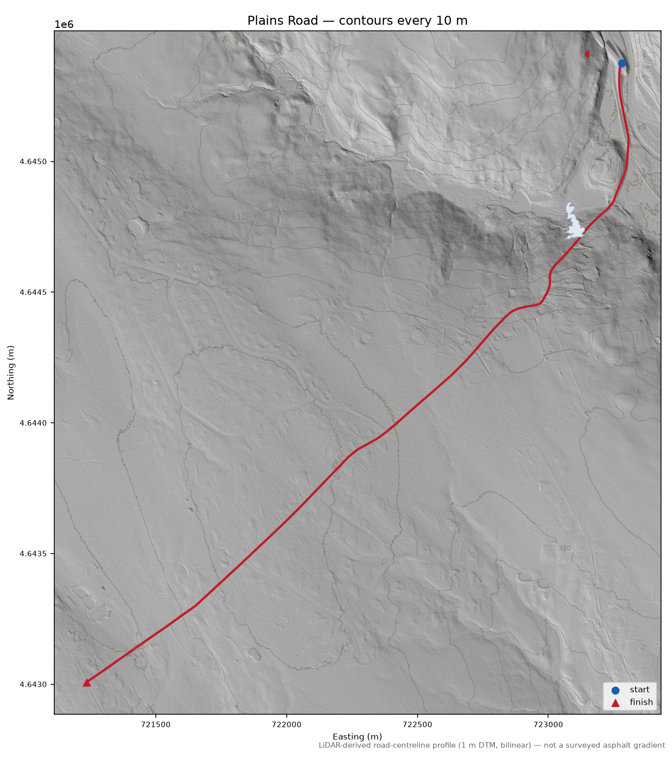 Plains Road LiDAR hillshade map with contours