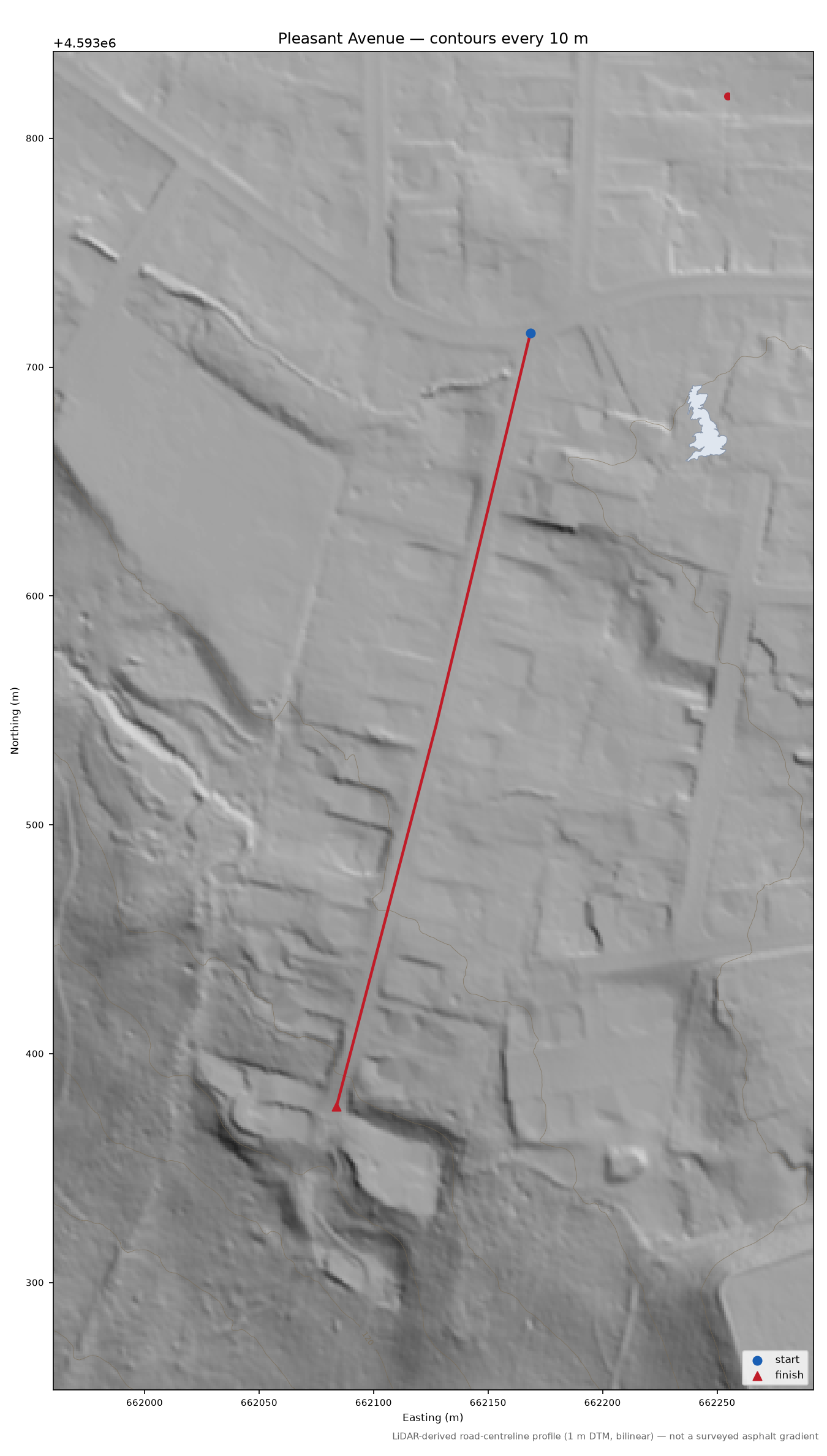 Pleasant Avenue LiDAR hillshade map with contours