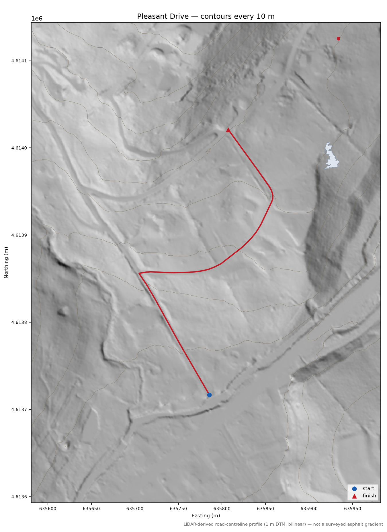 Pleasant Drive LiDAR hillshade map with contours