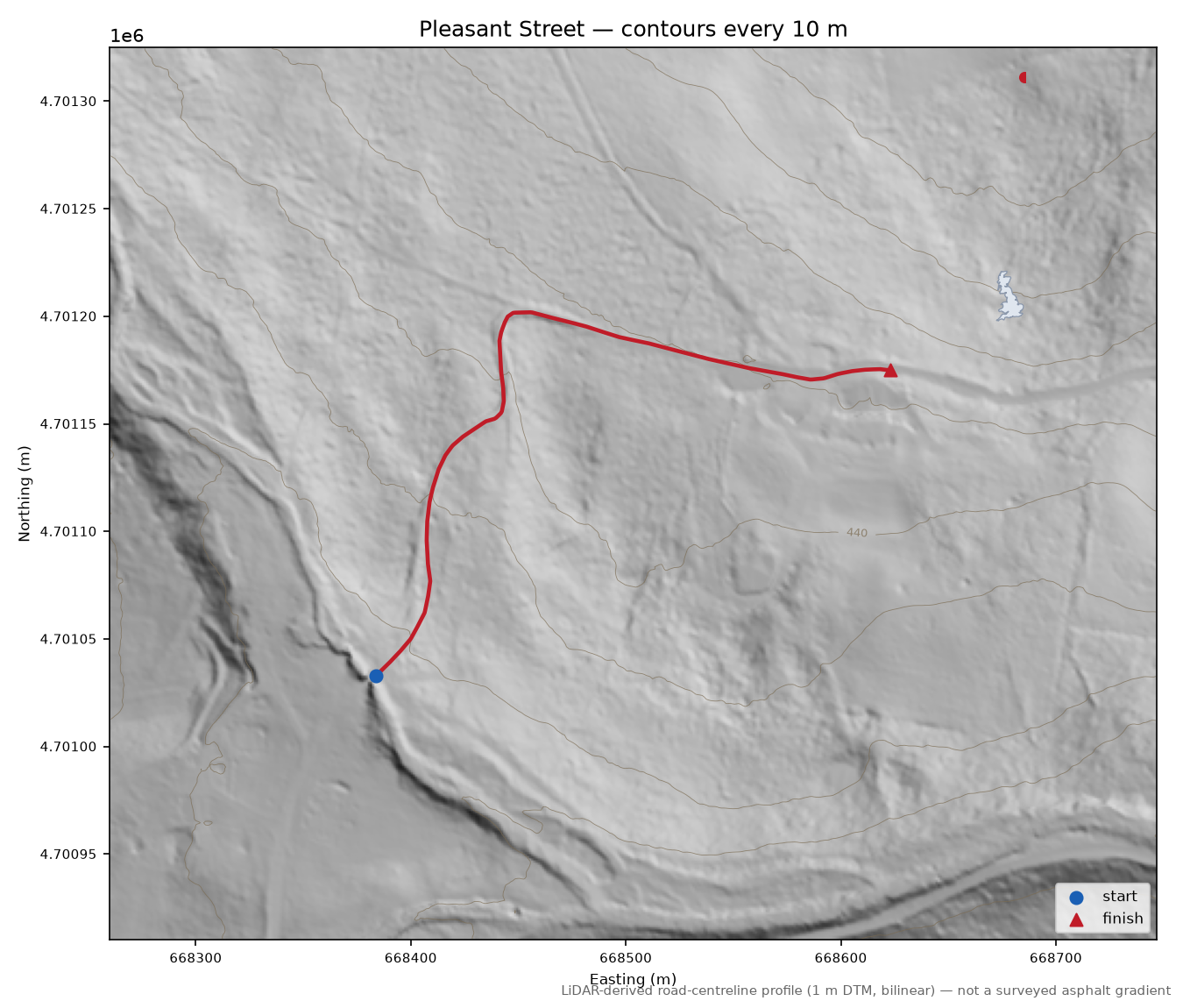 Pleasant Street LiDAR hillshade map with contours