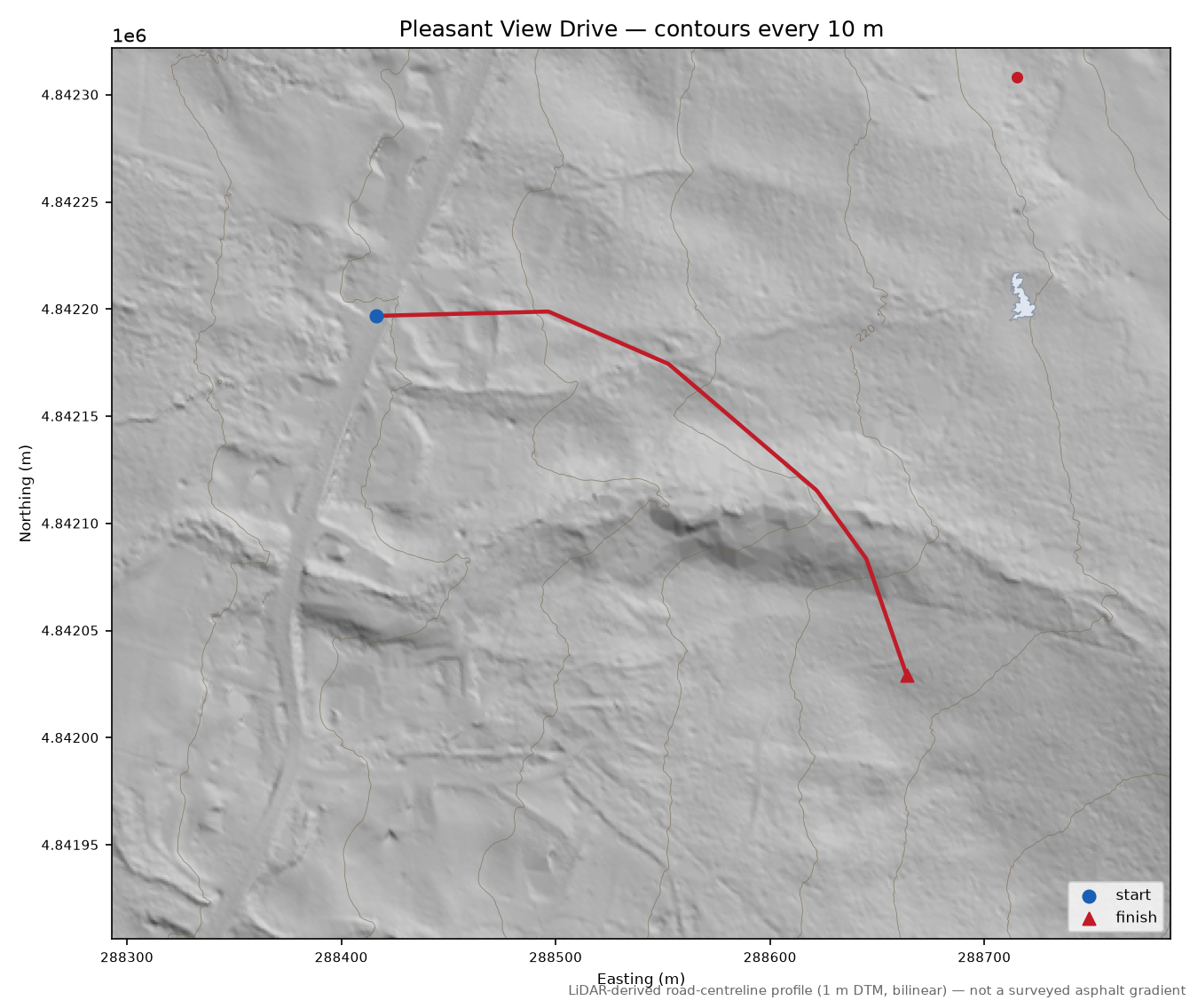Pleasant View Drive LiDAR hillshade map with contours