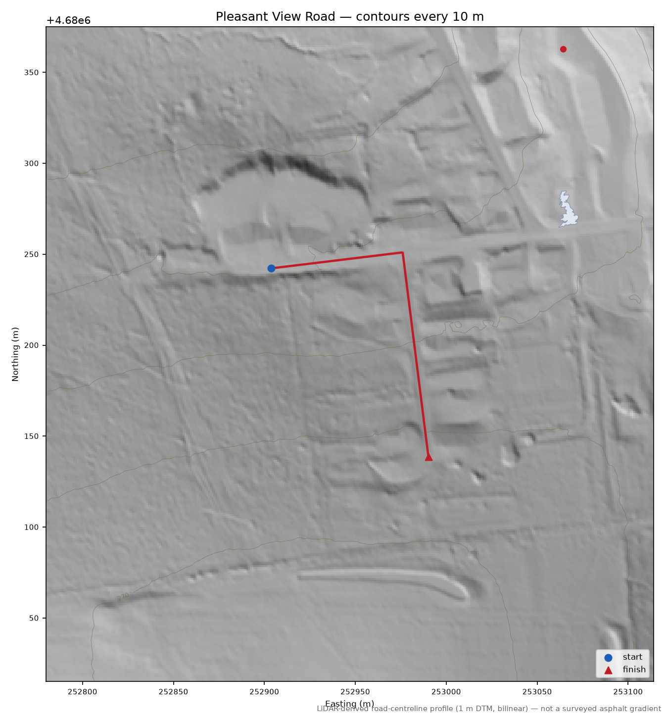 Pleasant View Road LiDAR hillshade map with contours