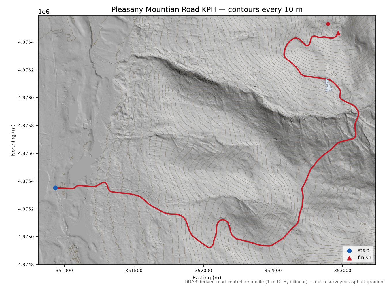 Pleasany Mountian Road KPH LiDAR hillshade map with contours