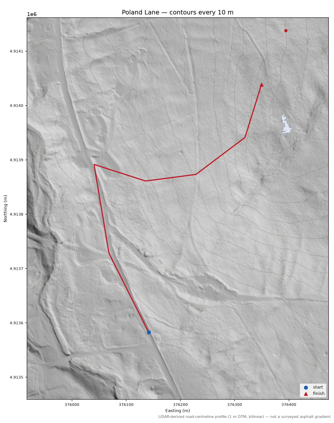 Poland Lane LiDAR hillshade map with contours