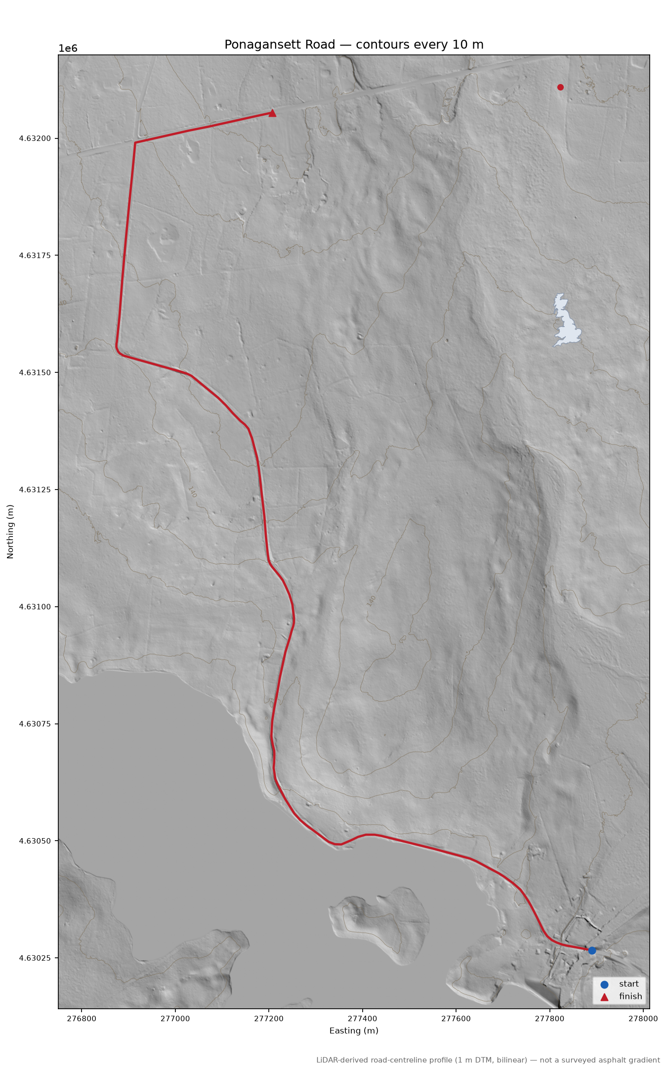 Ponagansett Road LiDAR hillshade map with contours