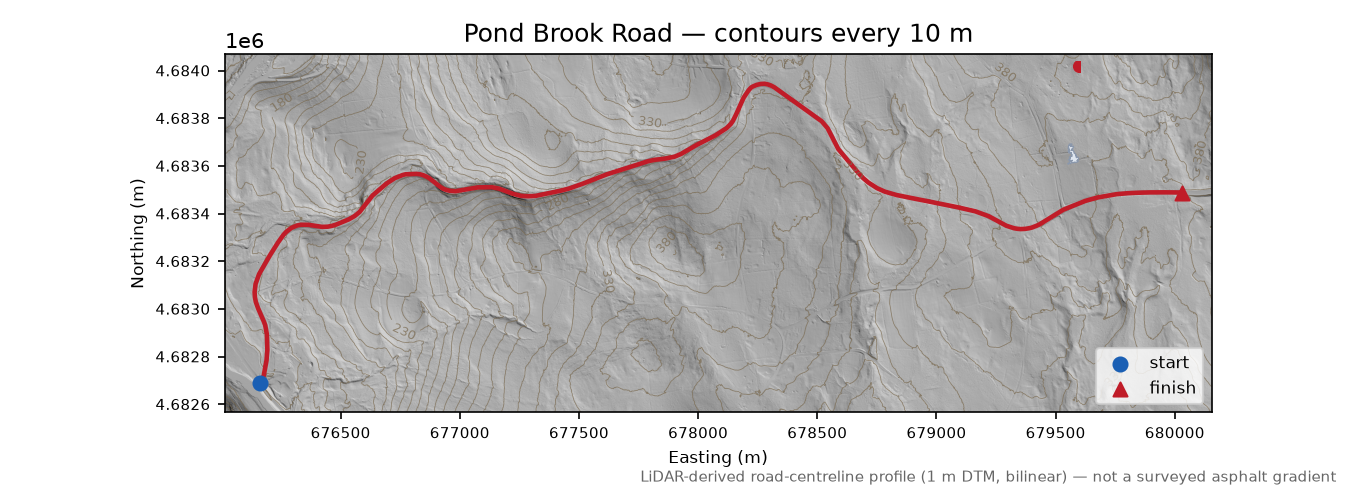 Pond Brook Road LiDAR hillshade map with contours