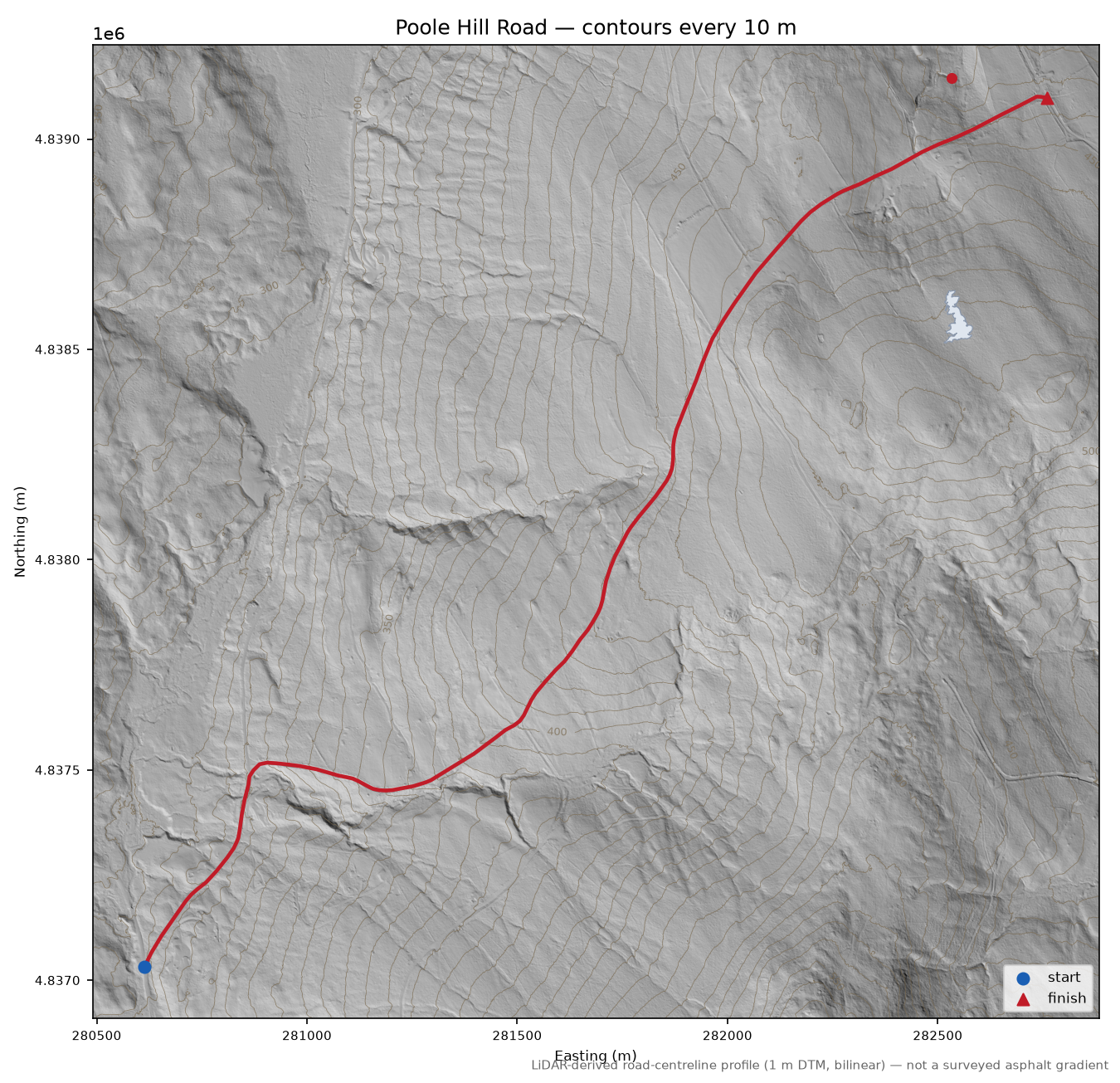 Poole Hill Road LiDAR hillshade map with contours