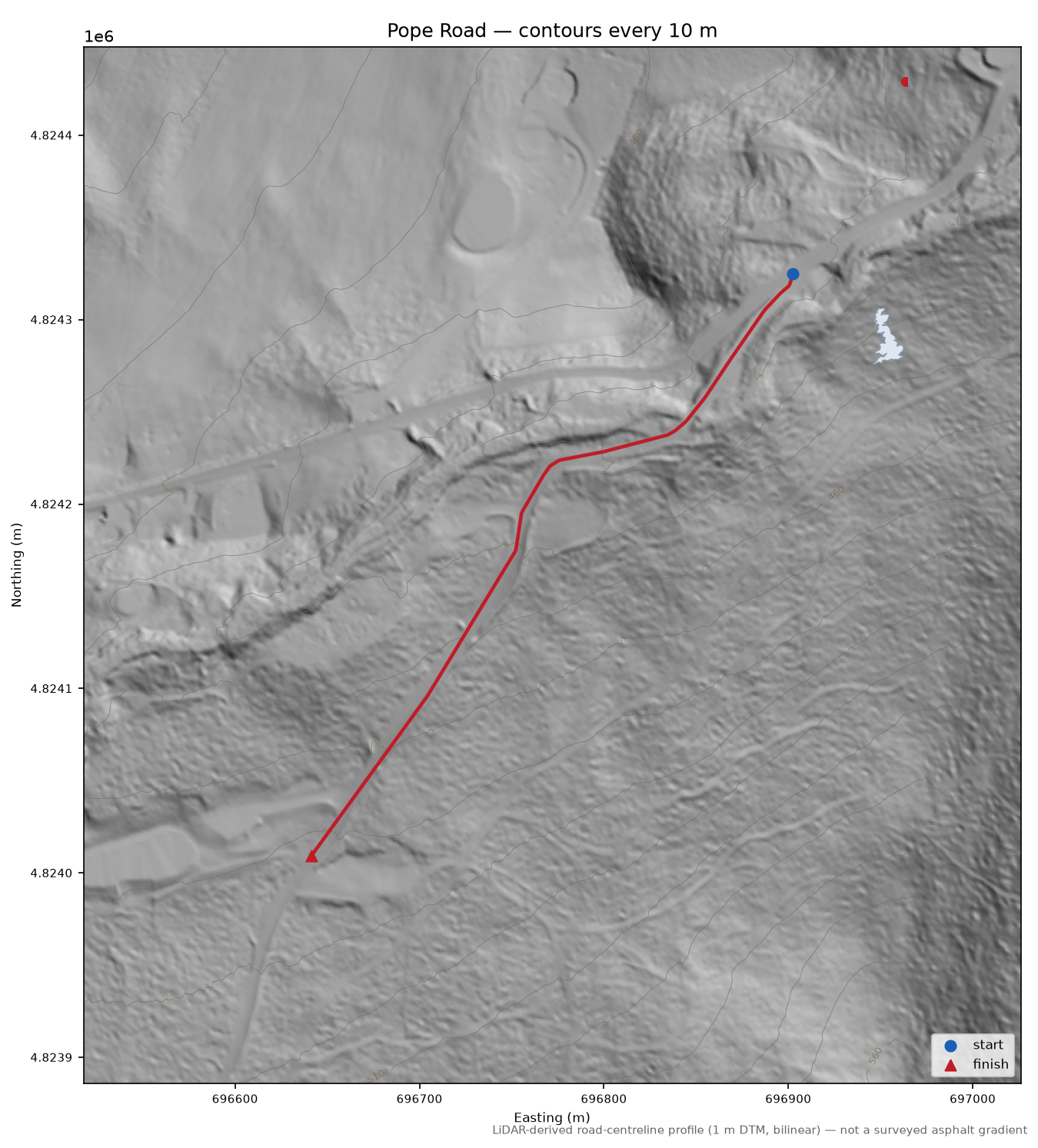 Pope Road LiDAR hillshade map with contours