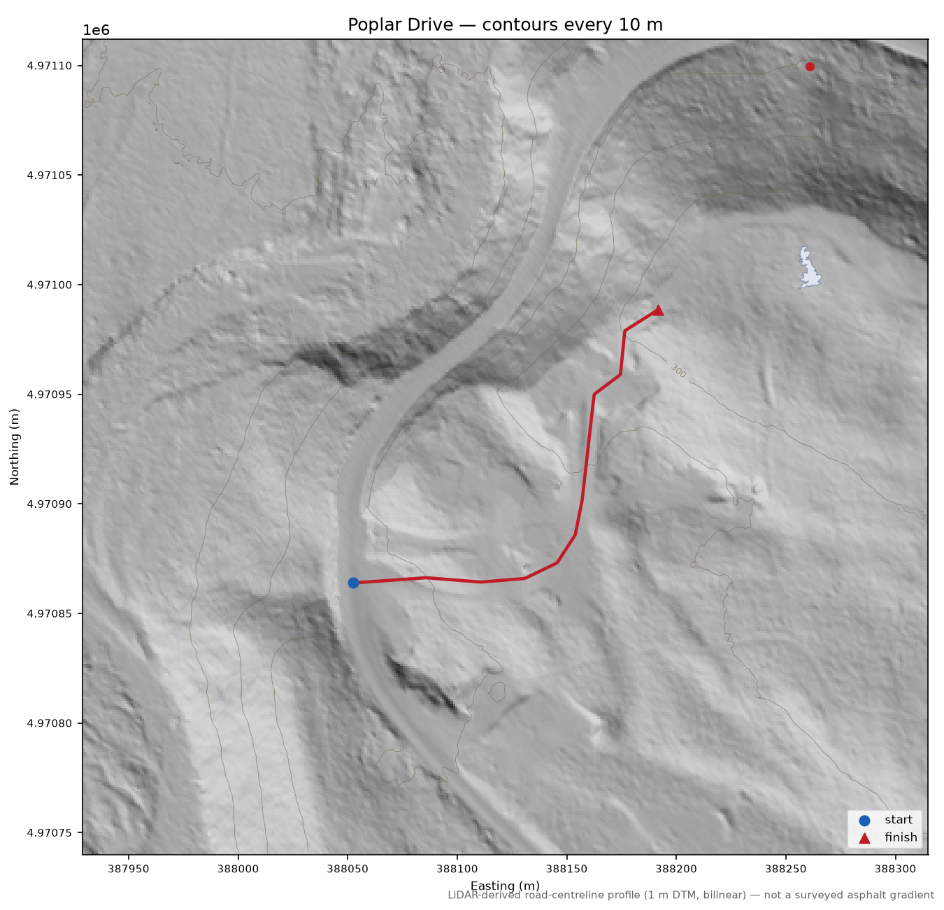 Poplar Drive LiDAR hillshade map with contours