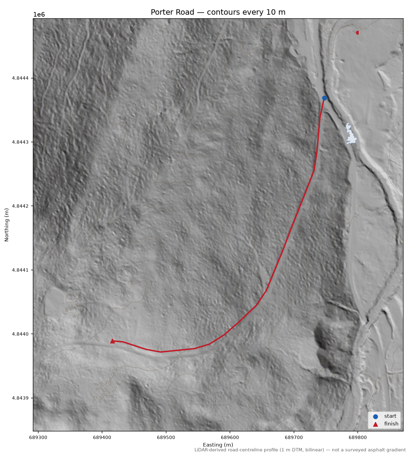 Porter Road LiDAR hillshade map with contours
