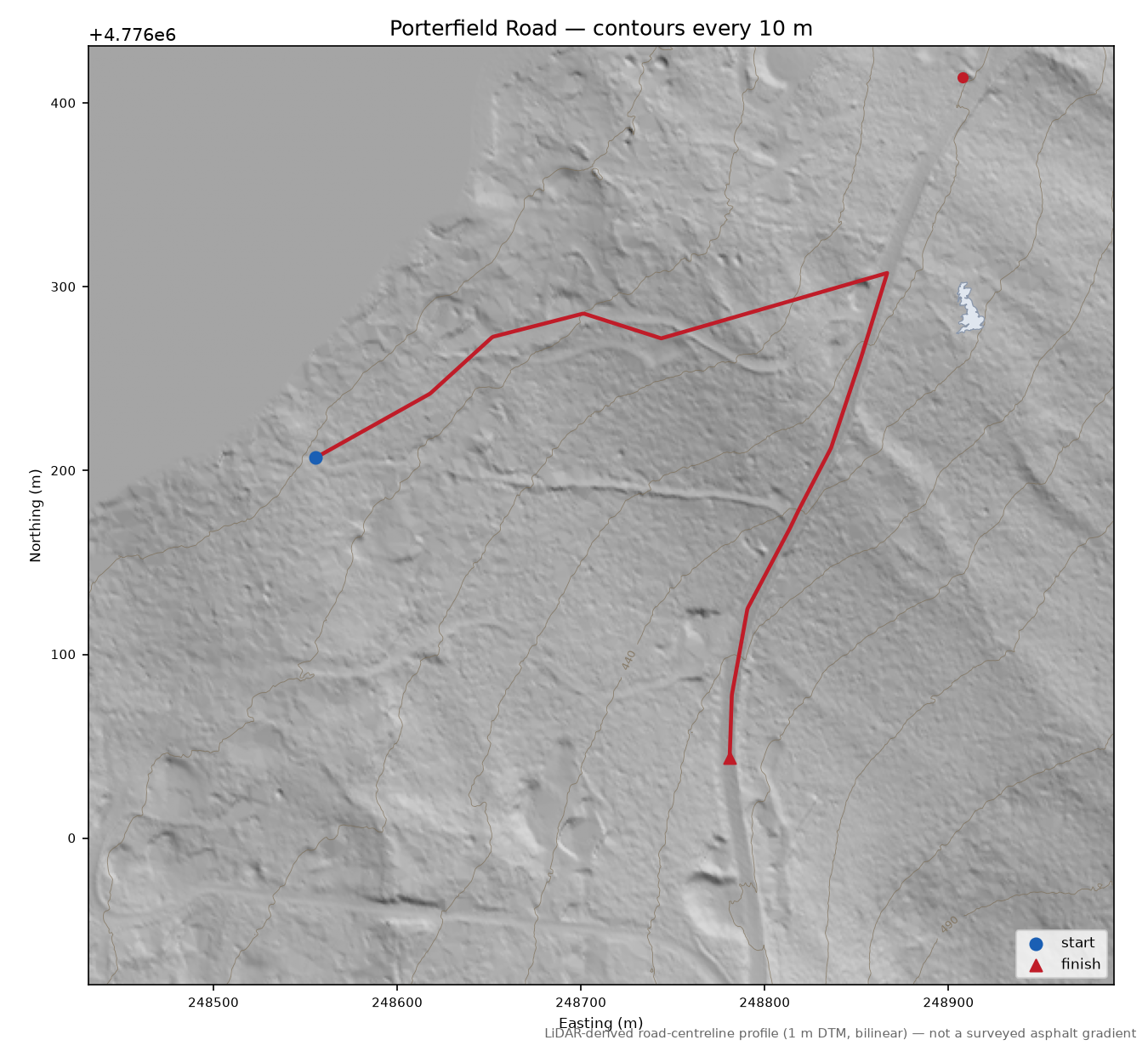 Porterfield Road LiDAR hillshade map with contours